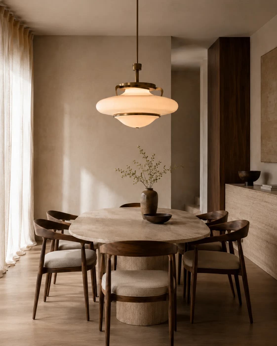Table à manger en bois surmontée d'une suspension